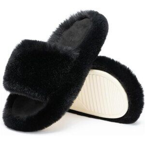 Women's Fuzzy Memory Foam Bedroom Slippers, Black